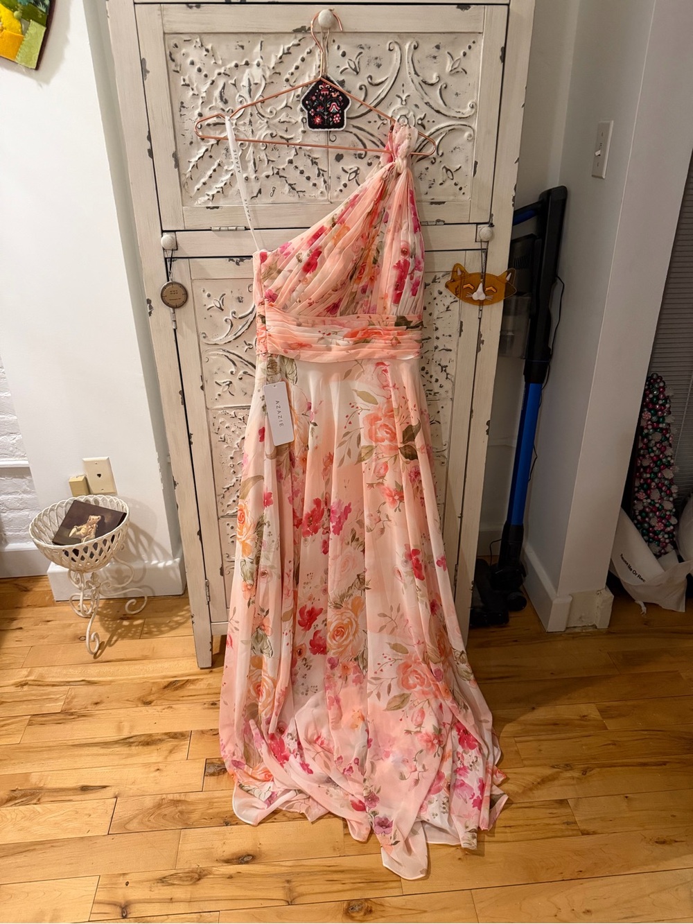 Azazie Peach-Pink Floral One-Shoulder Gown